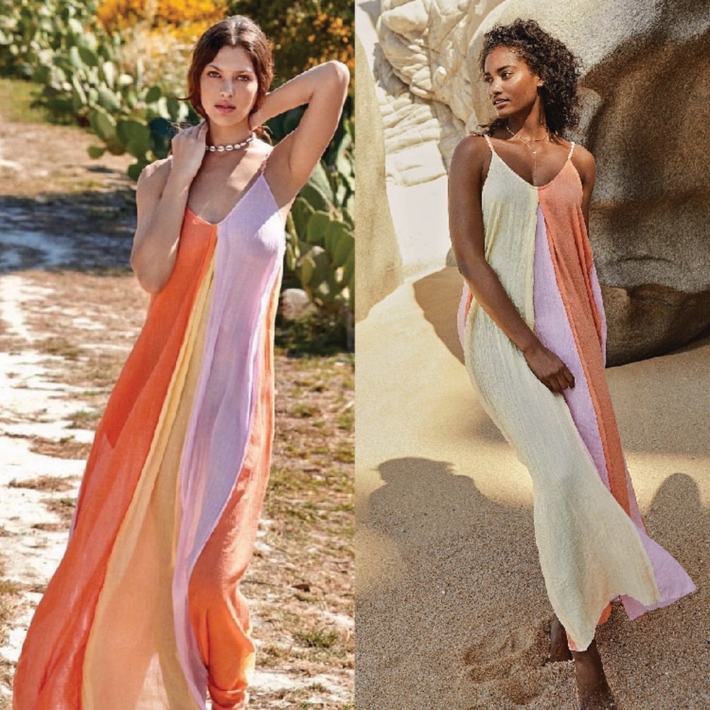 ELAN Colorblock Maxi Dress Size M Swim Cover-Up Beach Pockets Flowy Made in USA